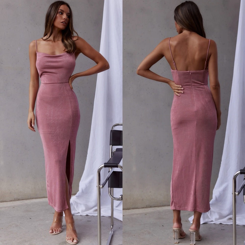 Hello Molly Frieda Cowl Neck Front Split Midi Dress In Mauve M